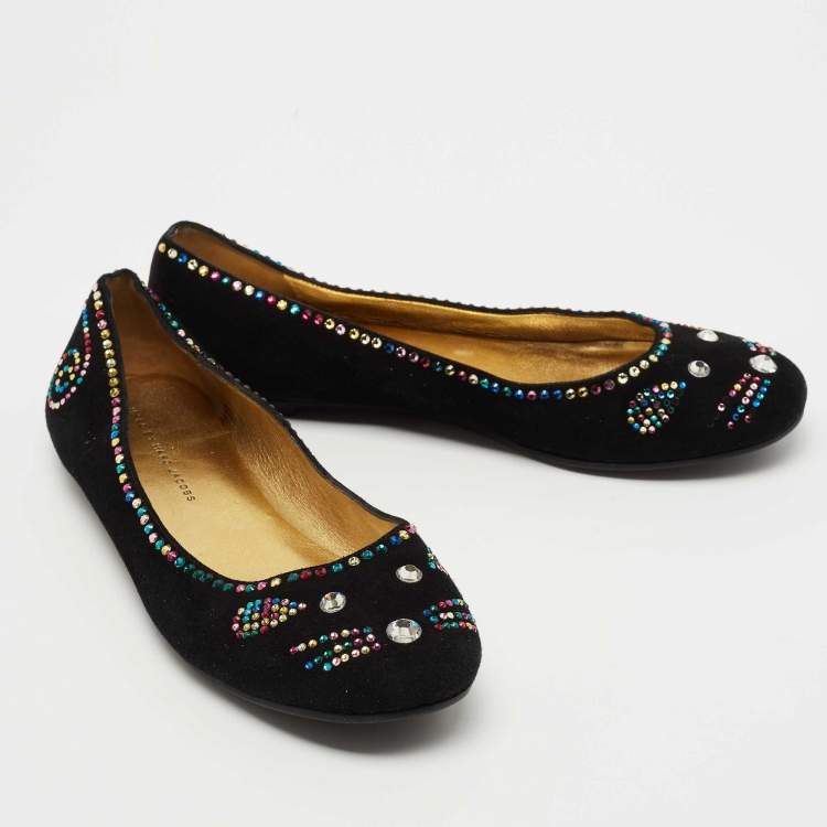 Pre Owned Marc by Marc Jacobs Black Suede Crystal Embellished Mouse Ballet Flats Size 40.5