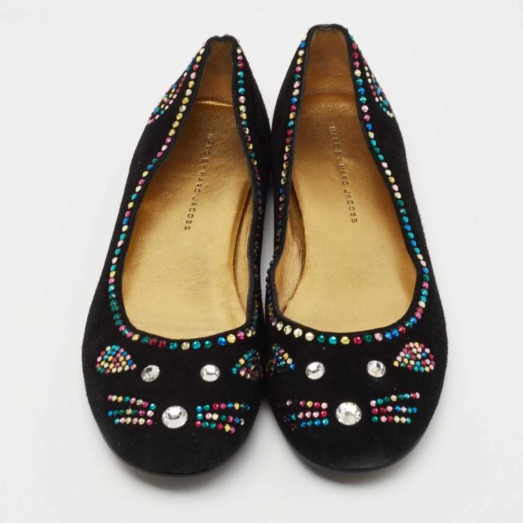 Pre Owned Marc by Marc Jacobs Black Suede Crystal Embellished Mouse Ballet Flats Size 40.5