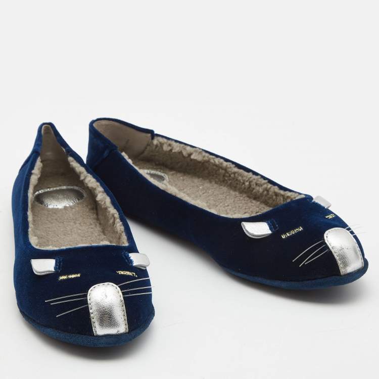 Pre Owned Marc by Marc Jacobs Navy Blue Velvet and Leather Cat Ballet Flats Size 36.5