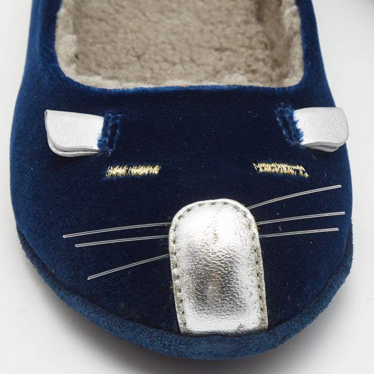 Pre Owned Marc by Marc Jacobs Navy Blue Velvet and Leather Cat Ballet Flats Size 36.5