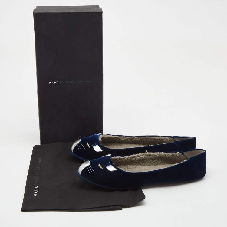 Pre Owned Marc by Marc Jacobs Navy Blue Velvet and Leather Cat Ballet Flats Size 36.5
