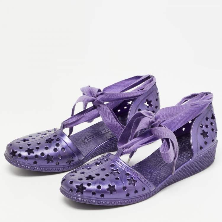 Pre Owned Marc by Marc Jacobs Purple Laser Cut Rubber Ankle Tie Flats Size 37