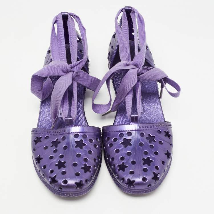 Pre Owned Marc by Marc Jacobs Purple Laser Cut Rubber Ankle Tie Flats Size 37