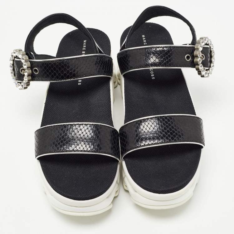 Pre Owned Marc by Marc Jacobs Black Python Embossed Leather Ninj Crystal Embellished Ankle Strap Sandals Size 37