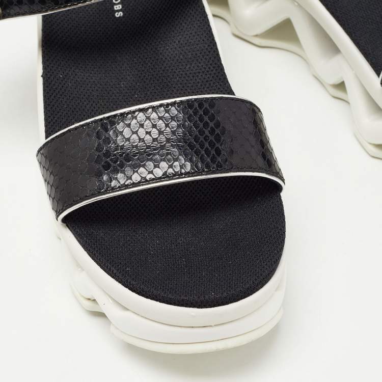 Pre Owned Marc by Marc Jacobs Black Python Embossed Leather Ninj Crystal Embellished Ankle Strap Sandals Size 37