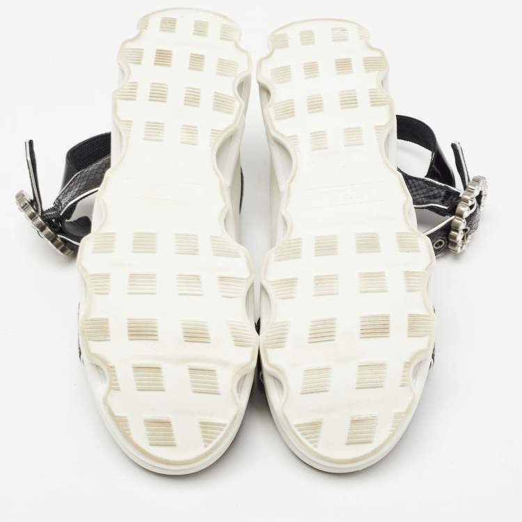 Pre Owned Marc by Marc Jacobs Black Python Embossed Leather Ninj Crystal Embellished Ankle Strap Sandals Size 37