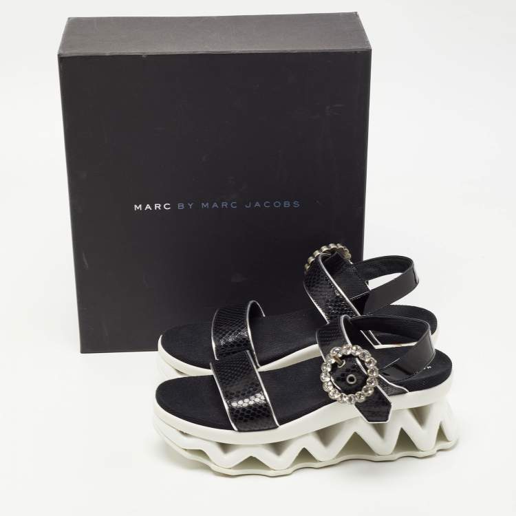 Pre Owned Marc by Marc Jacobs Black Python Embossed Leather Ninj Crystal Embellished Ankle Strap Sandals Size 37