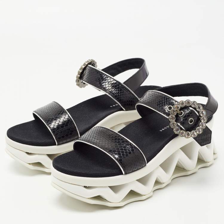 Pre Owned Marc by Marc Jacobs Black Python Embossed Leather Ninj Crystal Embellished Ankle Strap Sandals Size 37