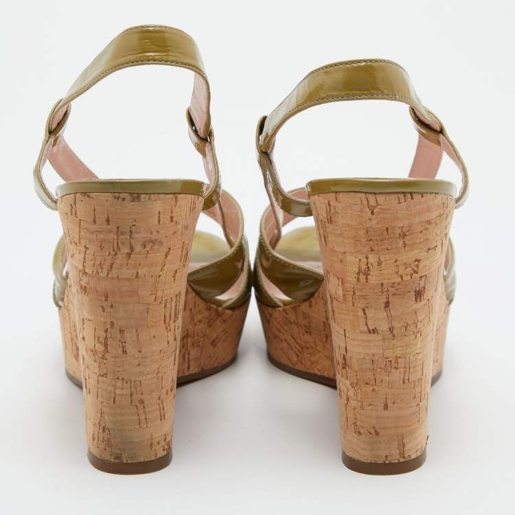 Pre Owned Marc by Marc Jacobs Green Patent Leather Wedge Platform Ankle Strap Sandals Size 41