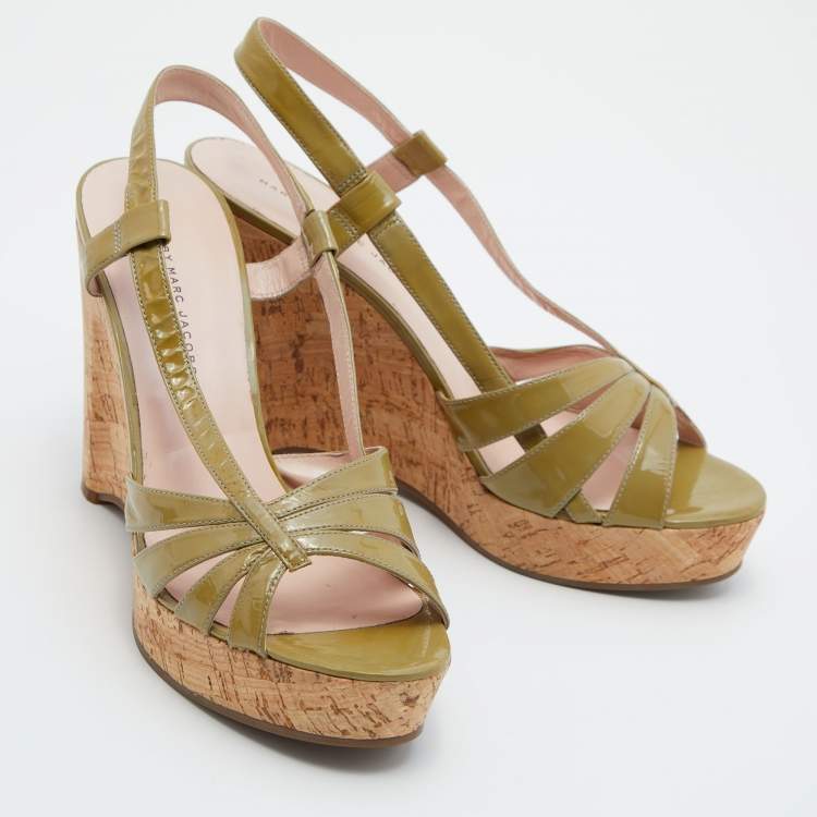 Pre Owned Marc by Marc Jacobs Green Patent Leather Wedge Platform Ankle Strap Sandals Size 41