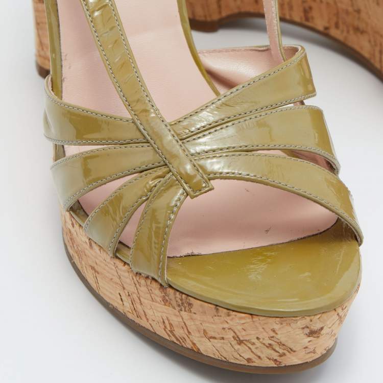 Pre Owned Marc by Marc Jacobs Green Patent Leather Wedge Platform Ankle Strap Sandals Size 41