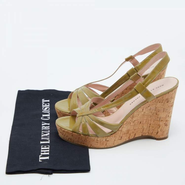 Pre Owned Marc by Marc Jacobs Green Patent Leather Wedge Platform Ankle Strap Sandals Size 41