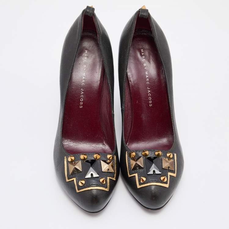 Pre Owned Marc by Marc Jacobs Black Leather Embellished Platform Wedge Pumps Size 37
