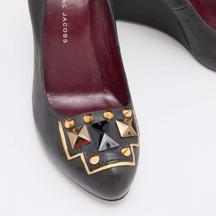 Pre Owned Marc by Marc Jacobs Black Leather Embellished Platform Wedge Pumps Size 37