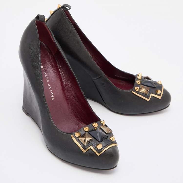 Pre Owned Marc by Marc Jacobs Black Leather Embellished Platform Wedge Pumps Size 37