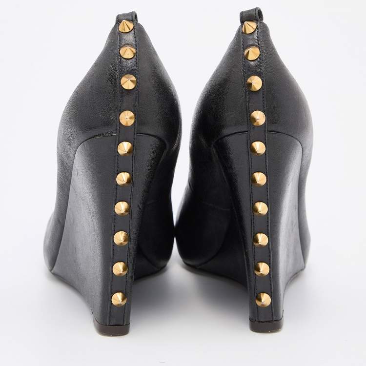 Pre Owned Marc by Marc Jacobs Black Leather Embellished Platform Wedge Pumps Size 37