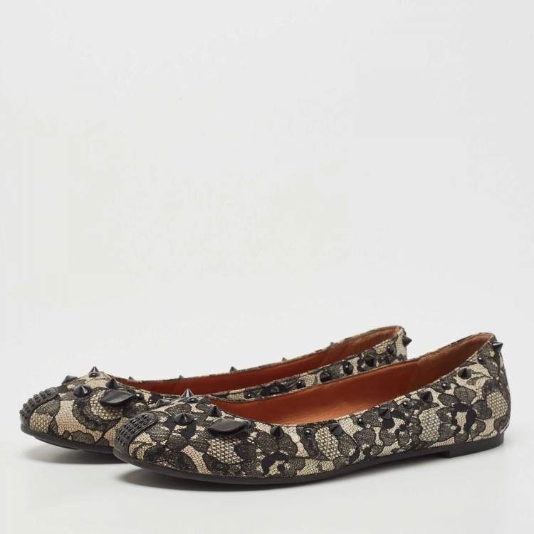 Pre Owned Marc by Marc Jacobs Black/White Lace and Leather Spike  Mouse Ballet Flats Size 36