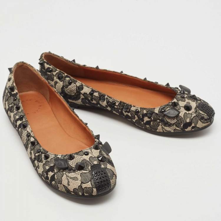 Pre Owned Marc by Marc Jacobs Black/White Lace and Leather Spike  Mouse Ballet Flats Size 36