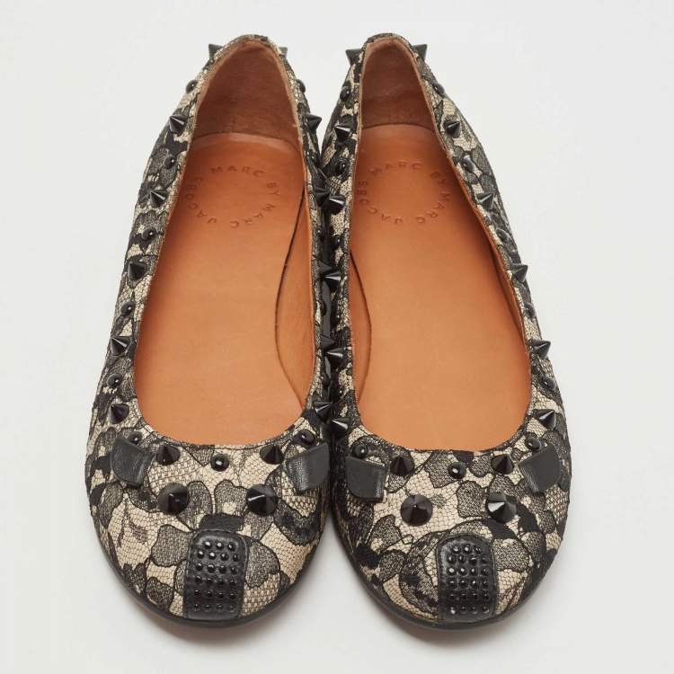 Pre Owned Marc by Marc Jacobs Black/White Lace and Leather Spike  Mouse Ballet Flats Size 36