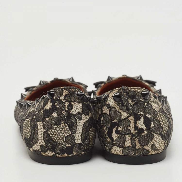 Pre Owned Marc by Marc Jacobs Black/White Lace and Leather Spike  Mouse Ballet Flats Size 36