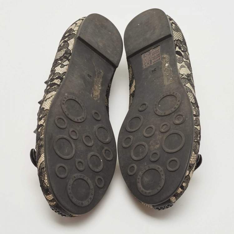 Pre Owned Marc by Marc Jacobs Black/White Lace and Leather Spike  Mouse Ballet Flats Size 36