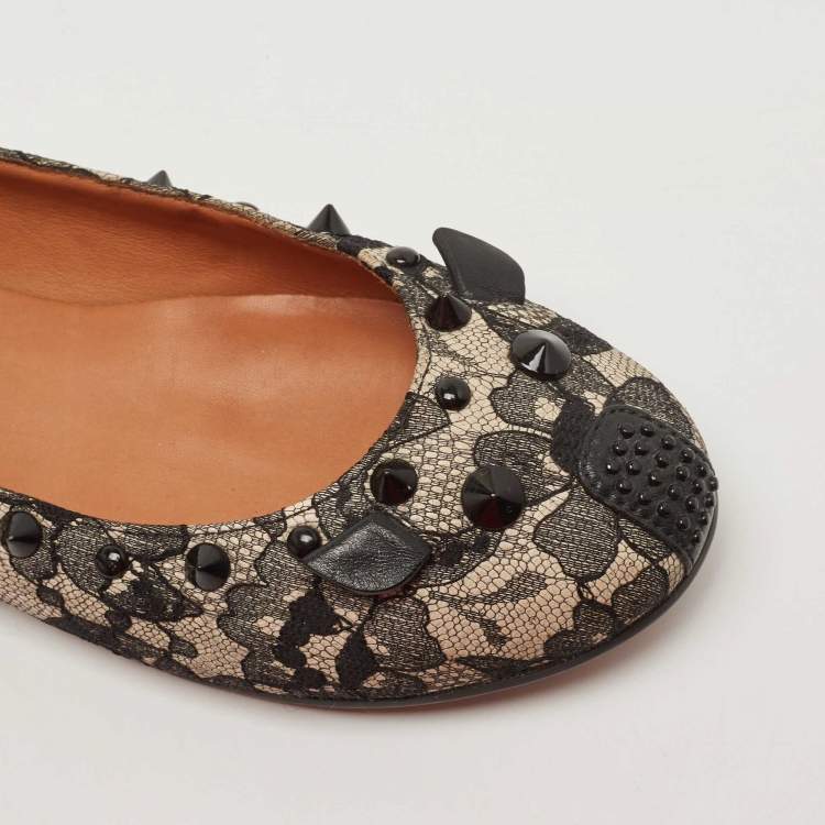 Pre Owned Marc by Marc Jacobs Black/White Lace and Leather Spike  Mouse Ballet Flats Size 36
