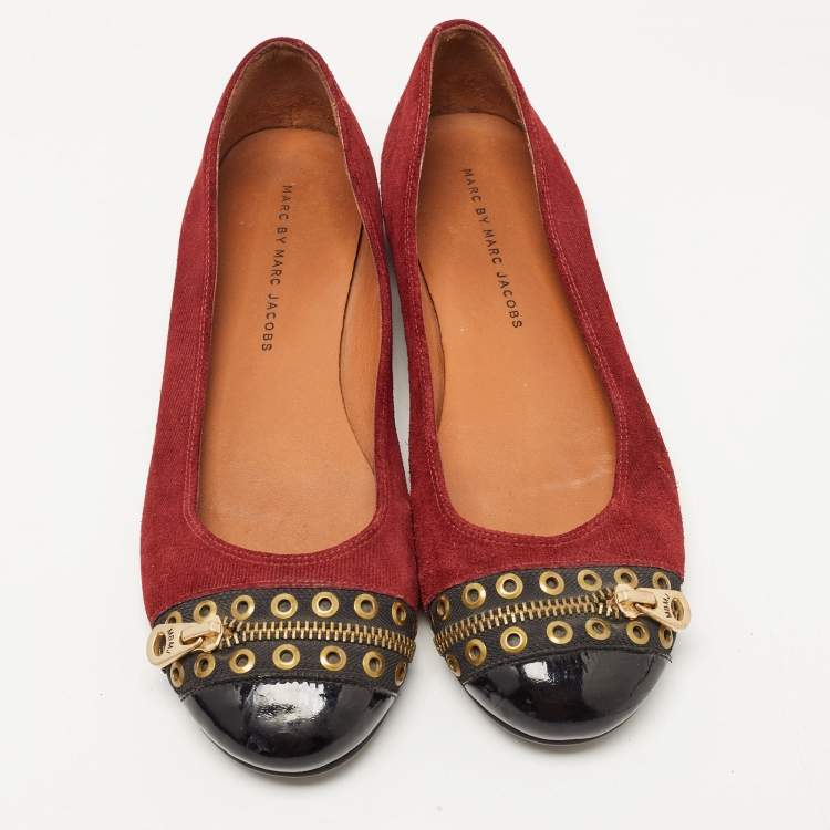 Pre Owned Marc by Marc Jacobs Red Suede and Patent Leather Zipper Ballet Flats Size 39