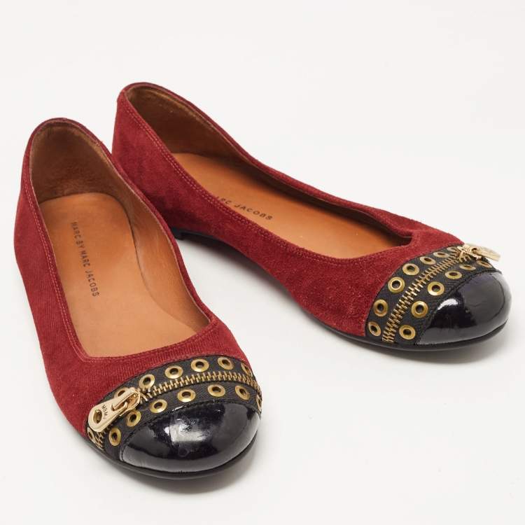 Pre Owned Marc by Marc Jacobs Red Suede and Patent Leather Zipper Ballet Flats Size 39