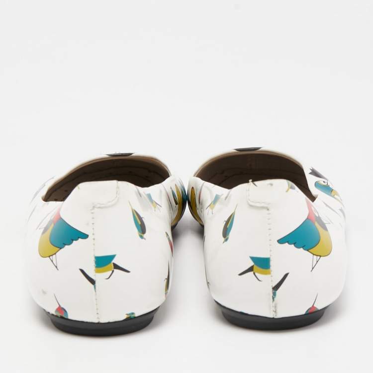 Pre Owned Marc by Marc Jacobs White Bird Print Leather Ballet Flats Size 35