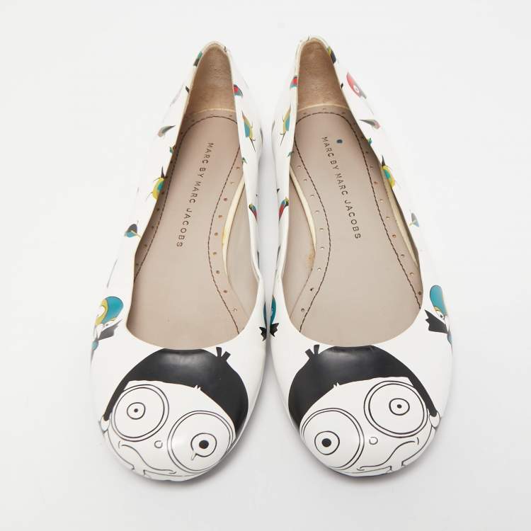 Pre Owned Marc by Marc Jacobs White Bird Print Leather Ballet Flats Size 35