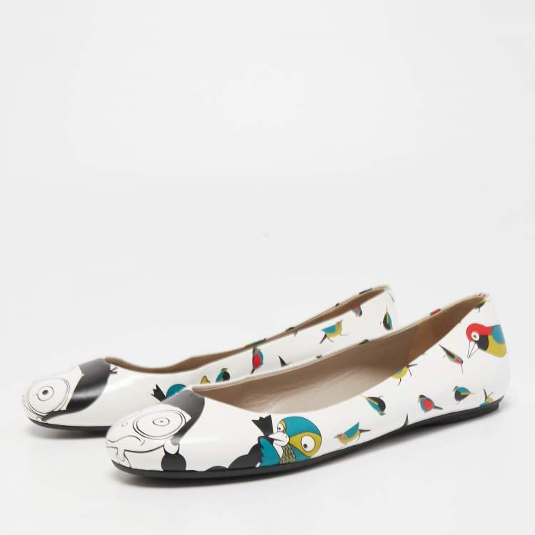 Pre Owned Marc by Marc Jacobs White Bird Print Leather Ballet Flats Size 35