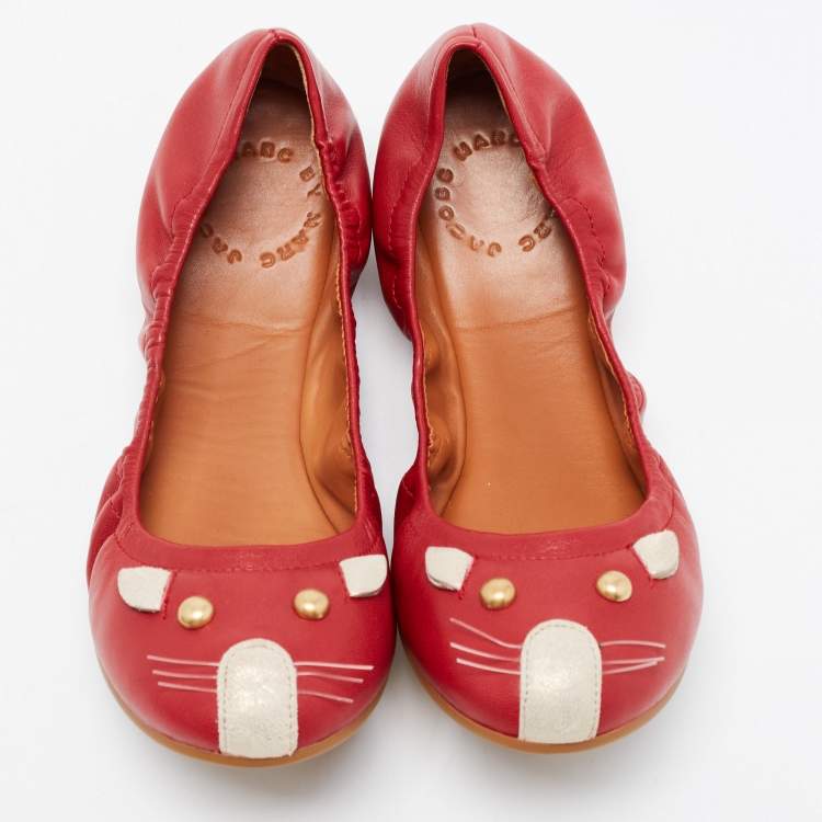 Pre Owned Marc by Marc Jacobs Red Leather Mouse Scrunch Ballet Flats Size 35