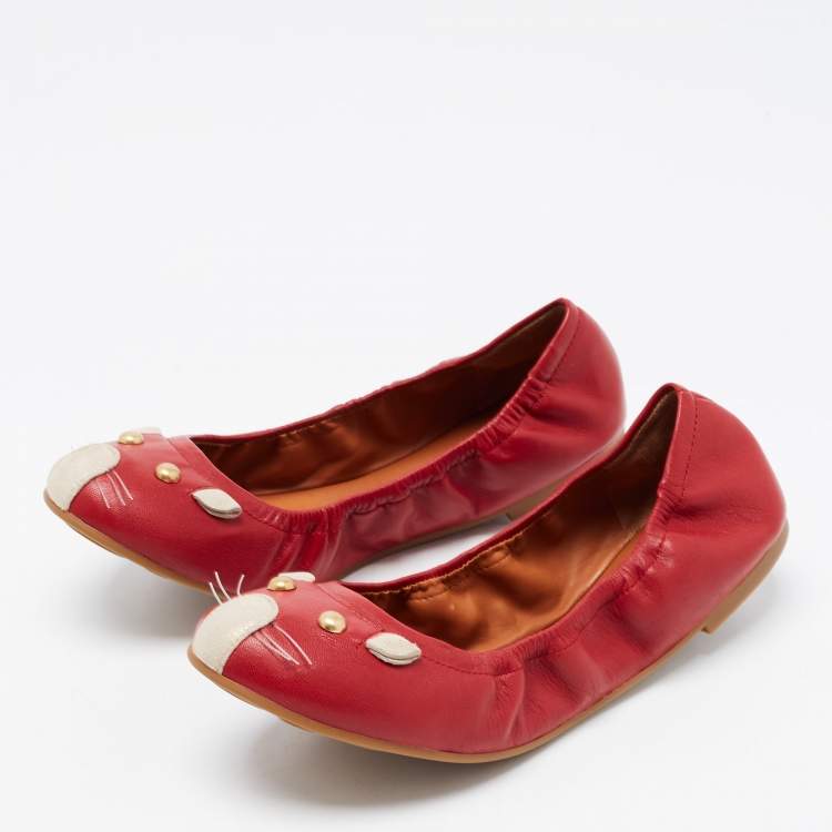 Pre Owned Marc by Marc Jacobs Red Leather Mouse Scrunch Ballet Flats Size 35