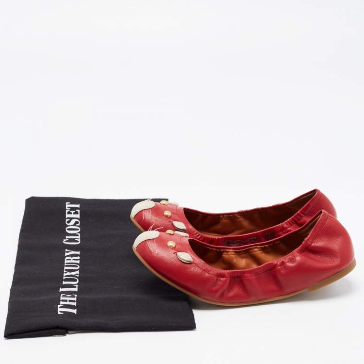 Pre Owned Marc by Marc Jacobs Red Leather Mouse Scrunch Ballet Flats Size 35