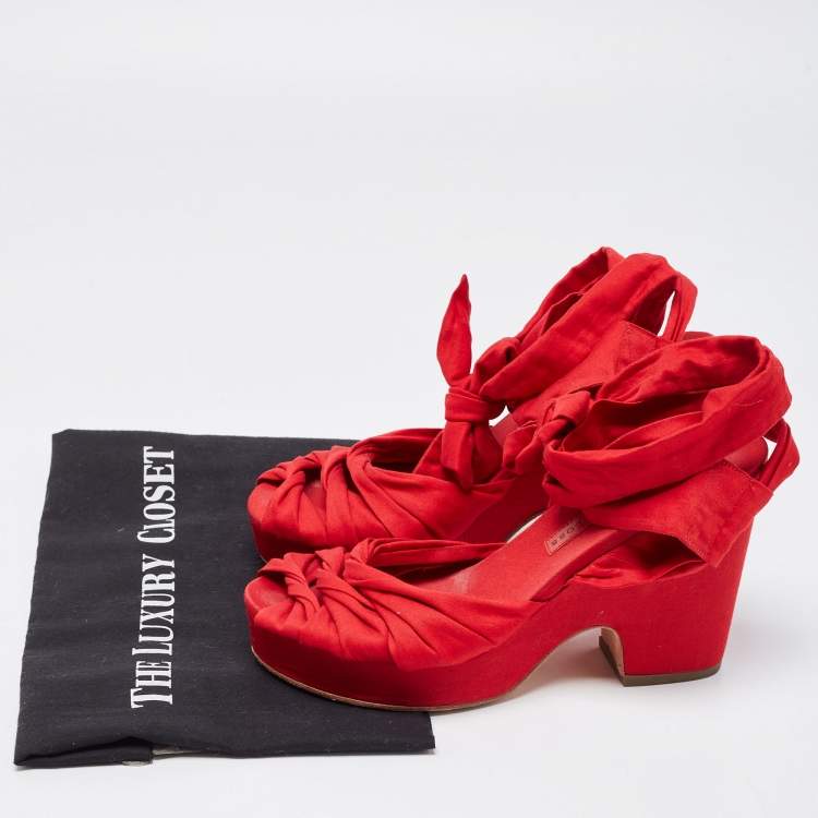 Pre Owned Marc by Marc Jacobs Red Fabric Tie Up Block Heel Sandals Size 38.5