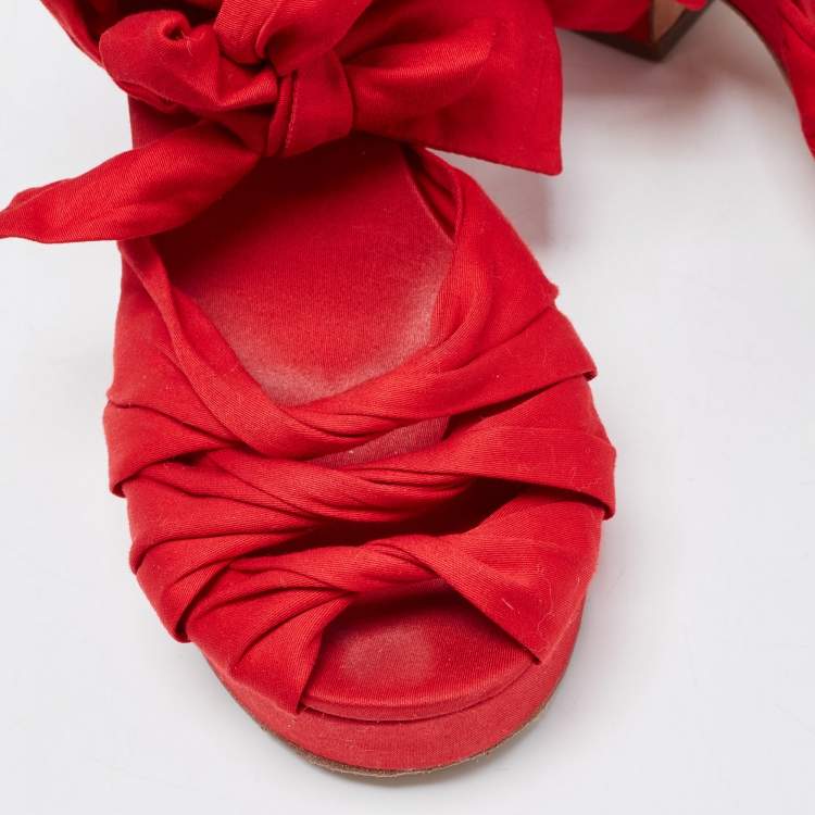 Pre Owned Marc by Marc Jacobs Red Fabric Tie Up Block Heel Sandals Size 38.5