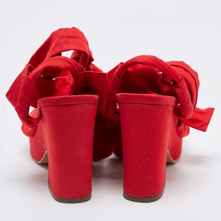 Pre Owned Marc by Marc Jacobs Red Fabric Tie Up Block Heel Sandals Size 38.5