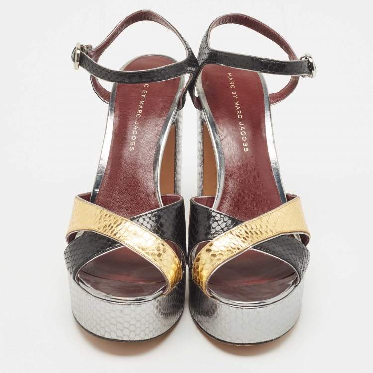 Pre Owned Marc by Marc Jacobs Tricolor Python Embossed Leather Platform Block Heel Sandals Size 40