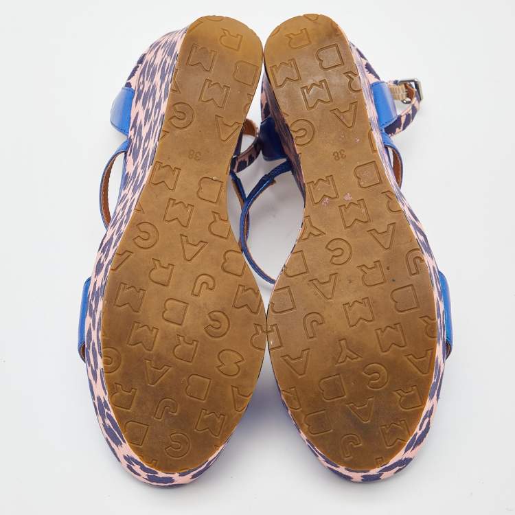 Pre Owned Marc by Marc Jacobs Blue/Pink Leather and Animal Print Fabric Wedge Ankle Strap Sandals Size 38