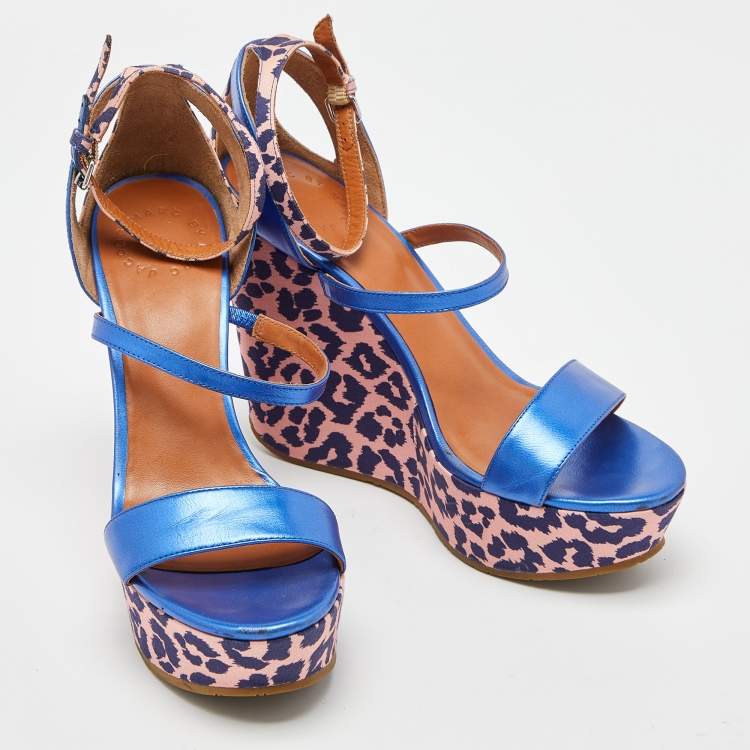 Pre Owned Marc by Marc Jacobs Blue/Pink Leather and Animal Print Fabric Wedge Ankle Strap Sandals Size 38