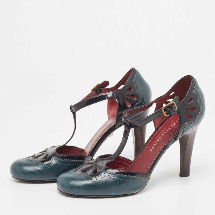 Pre Owned Marc By Marc Jacobs Green/Black Leather Cut Out T-Bar Ankle Strap Pumps Size 38.5