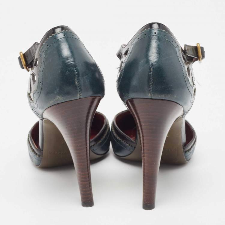 Pre Owned Marc By Marc Jacobs Green/Black Leather Cut Out T-Bar Ankle Strap Pumps Size 38.5