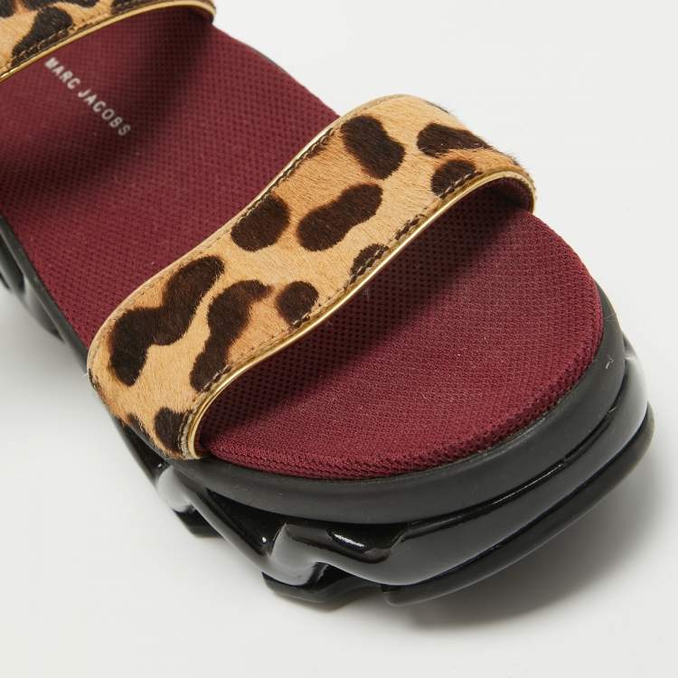 Pre Owned Marc by Marc Jacobs Beige/Brown Leopard Print Calf Hair and Patent Ninja Wave Platform Sandals Size 37