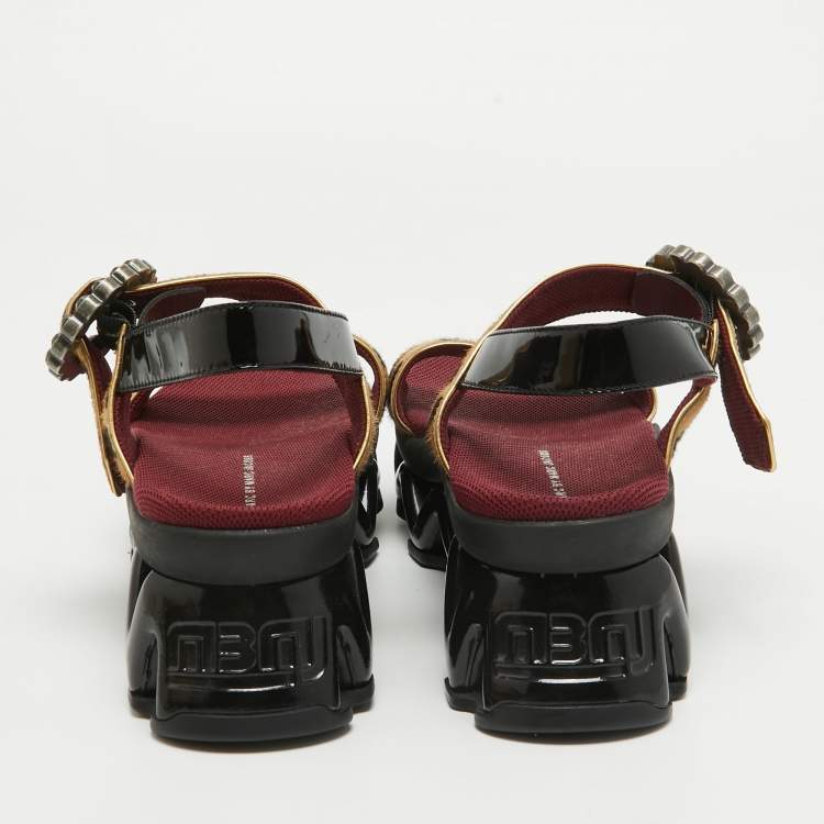Pre Owned Marc by Marc Jacobs Beige/Brown Leopard Print Calf Hair and Patent Ninja Wave Platform Sandals Size 37