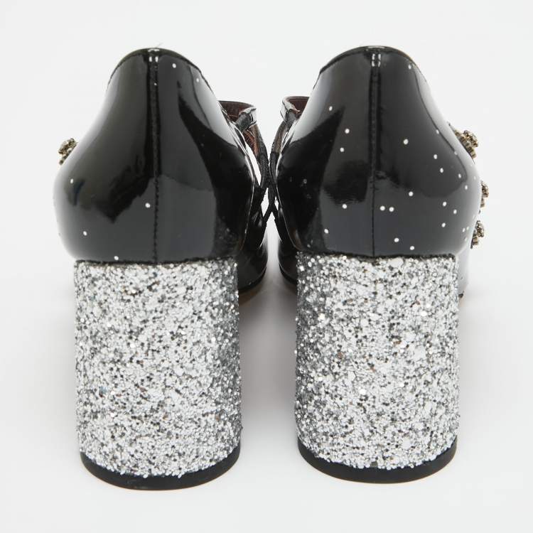 Pre Owned Marc by Marc Jacobs Black Patent And Glitter Block Heel Pumps Size 37