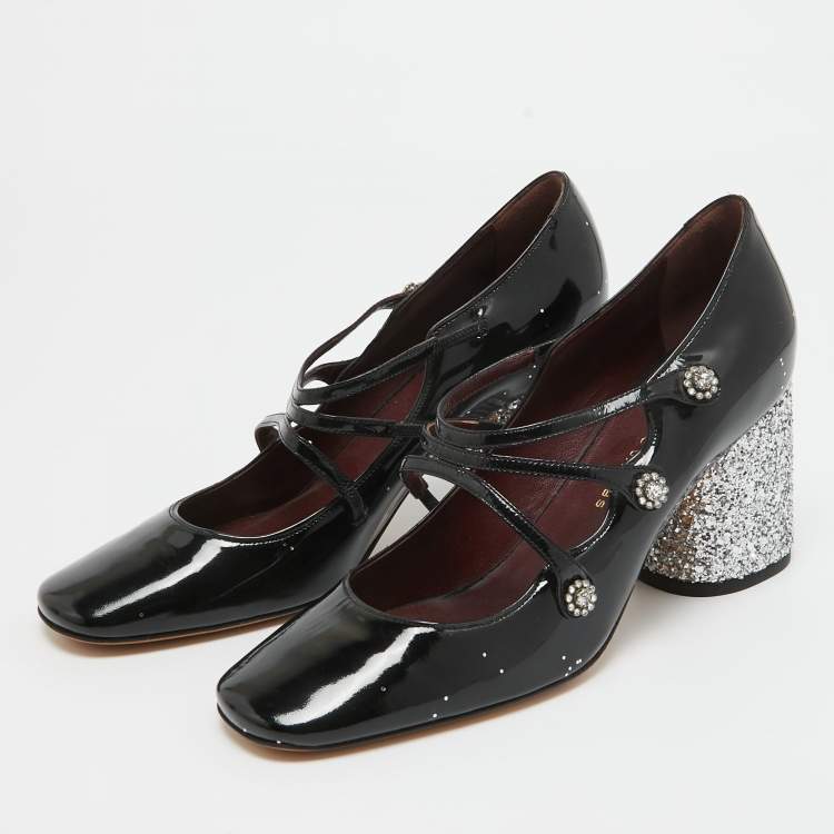 Pre Owned Marc by Marc Jacobs Black Patent And Glitter Block Heel Pumps Size 37