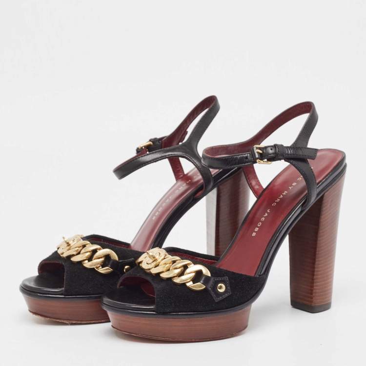 Pre Owned Marc by Marc Jacobs Black Suede and Leather Chain Detail Platform Sandals Size 36