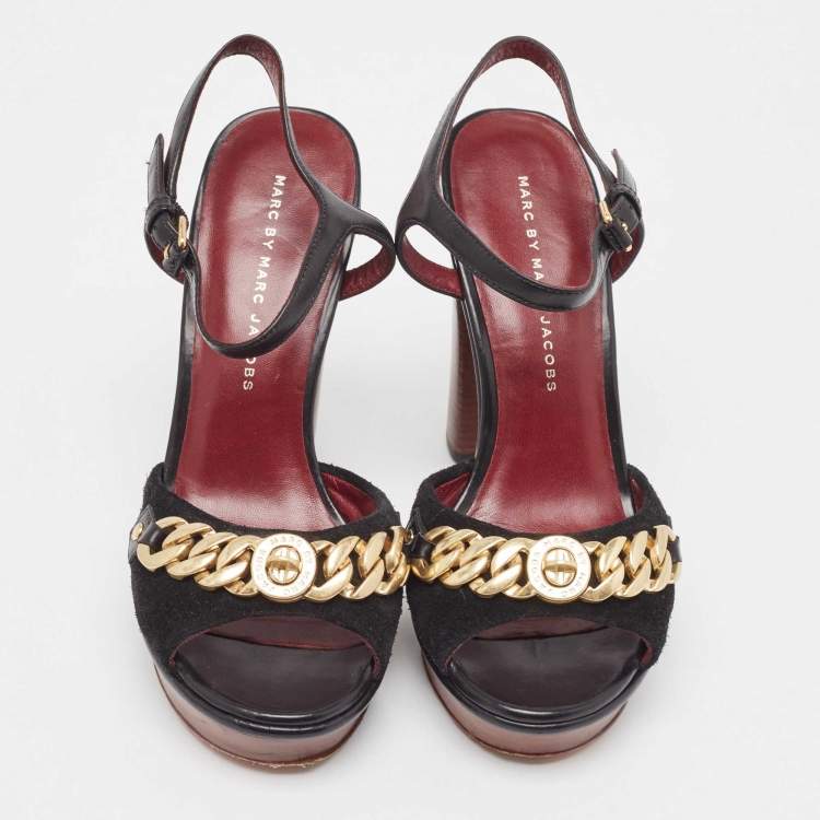 Pre Owned Marc by Marc Jacobs Black Suede and Leather Chain Detail Platform Sandals Size 36