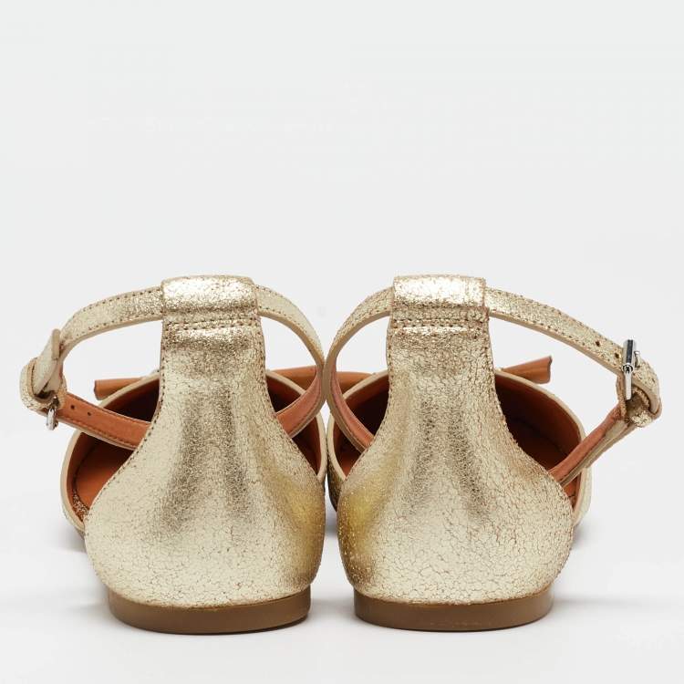 Pre Owned Marc by Marc Jacobs Gold Leather Mouse Ankle Strap Flats Size 39.5