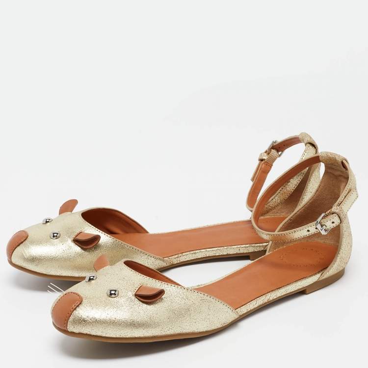 Pre Owned Marc by Marc Jacobs Gold Leather Mouse Ankle Strap Flats Size 39.5